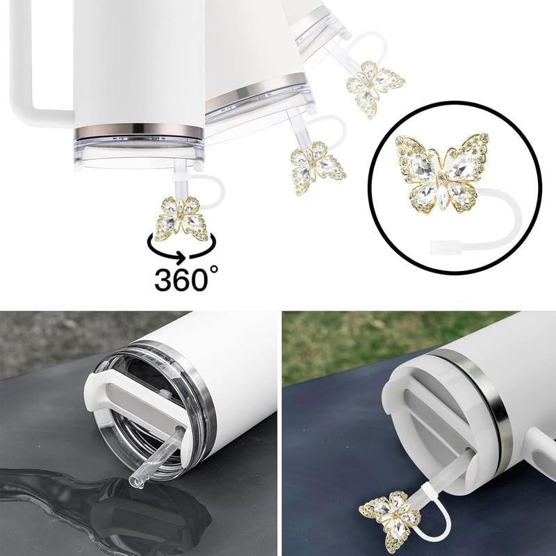 SEMATA 4PCS Cute Butterfly Straw Cover Cap for Stanley Cup Accessories,Bling Crystals Straw Toppers for Stanley Tumbler 40&30 oz,Rhinestone Reusable Straws Tips Protectors Compatible with 10mm Straws - Image 3